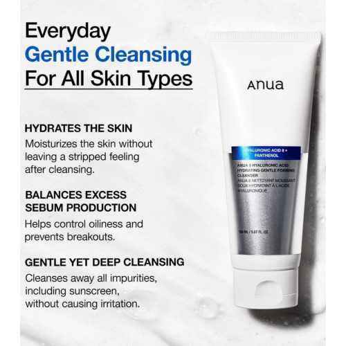 Anua - Detergente Viso Schiumogeno con Acido Ialuronico 8 Hyaluronic Acid Hydrating Gentle