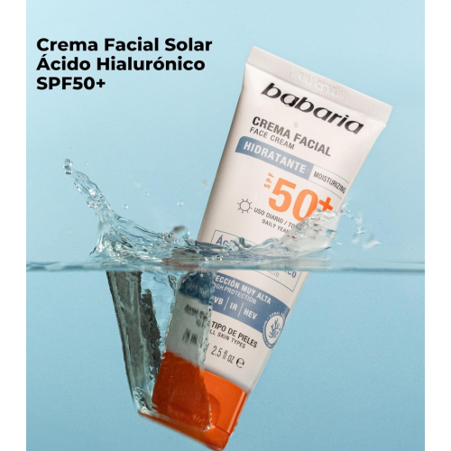 Babaria - Crema solare idratante viso SPF50+ - Acido Ialuronico