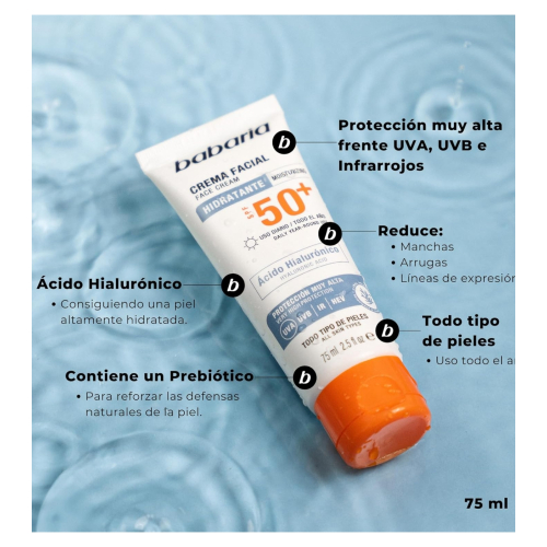 Babaria - Crema solare idratante viso SPF50+ - Acido Ialuronico