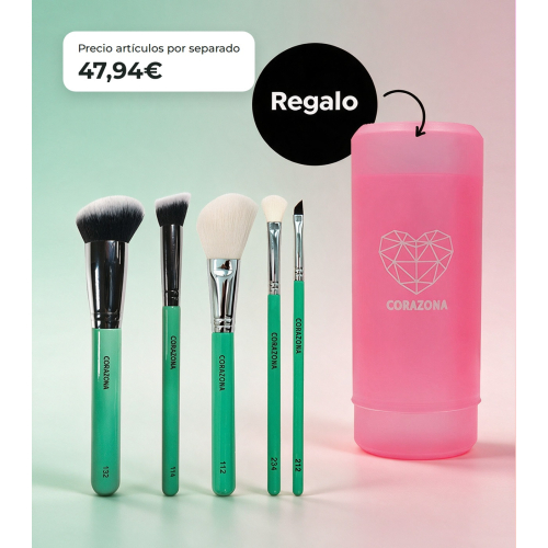 CORAZONA Pack Brochas Essential con 5 Strumenti per Trucco e Regalo Cubilete Vegane e Cruelty Free