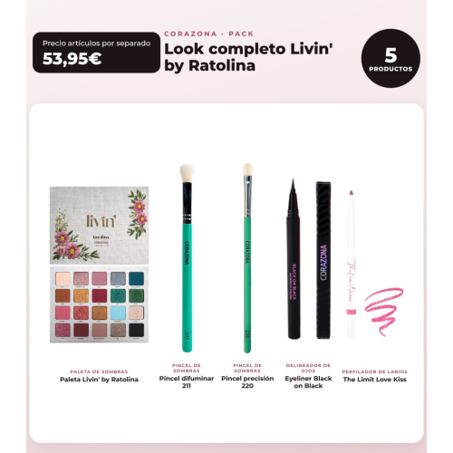 CORAZONA - Pacchetto Look Completo Livin' by Ratolina - Palette di Ombre + 2 Pennelli + Eyeliner + Contorno Labbra