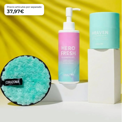 CORAZONA Pack Skincare Doppia Pulizia - Balsamo Heaven, Gel Hero Fresh e Disco Riutilizzabile per Pelle Pulita e Fresca