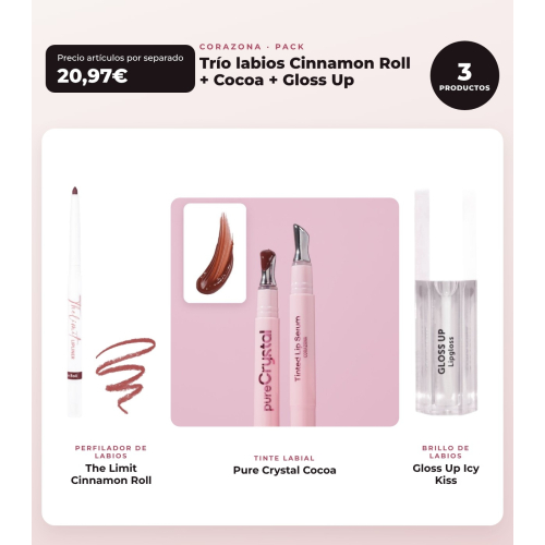 CORAZONA - Pacchetto Trío Labbra con The Limit Cinnamon Roll, Pure Crystal Cocoa e Gloss Up Icy Kiss