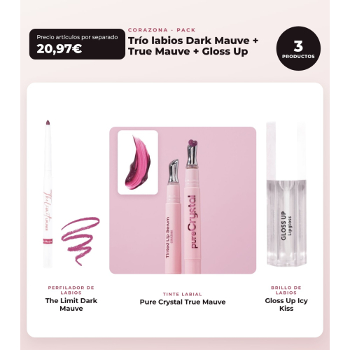 CORAZONA - Pacchetto Trío Labbra con The Limit Dark Mauve, Pure Crystal True Mauve e Gloss Up Icy Kiss