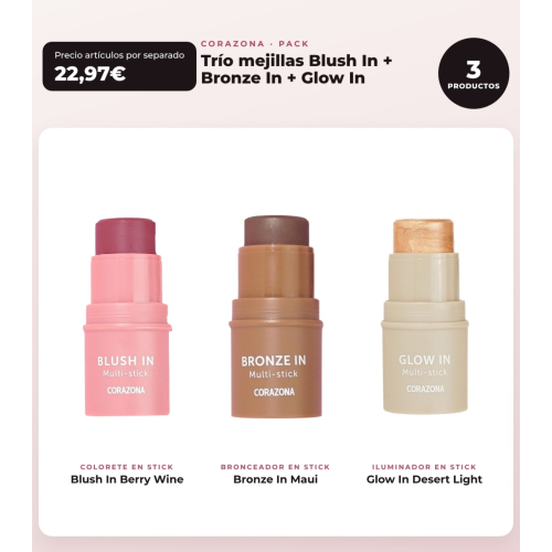 CORAZONA - Pacchetto Trio Guance Blush In - Berry Wine + Bronze In - Maui + Glow In - Desert Light