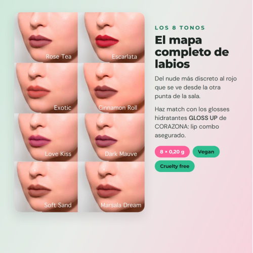 CORAZONA The Limit Full Set  | 8 Profilatori di Labbra Ultrapigmentati con Texture Cremosa e Finitura Opaca Cruelty Free Vegan