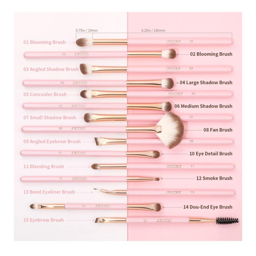 Docolor - Set di pennelli per occhi Soft Pink Pro (15 pezzi)