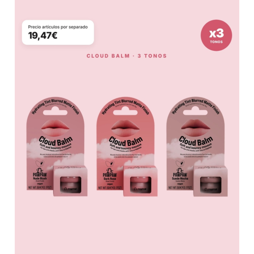 Dr. PAWPAW - Confezione da 3 Balsami Multiuso Cloud Balm Nude Blush, Dark Rose e Suede Mocha