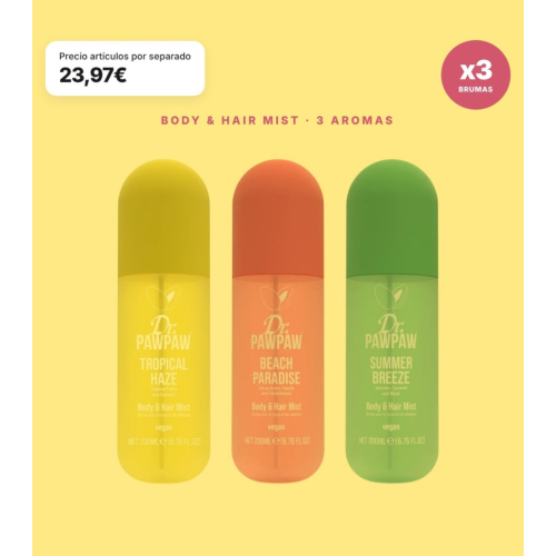 Dr. PAWPAW - Confezione da 3 Brumas Perfumate per Capelli e Corpo Tropical Haze, Beach Paradise e Summer Breeze