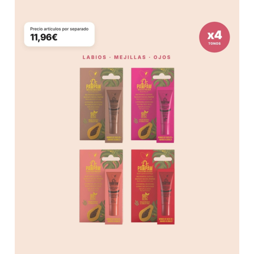 Dr. PAWPAW - Confezione da 4 Balsami Labbra Multifunzionali con Color Ultimate Red, Rich Mocha, Hot Pink e Peach Pink per Labbra, Guance e Occhi