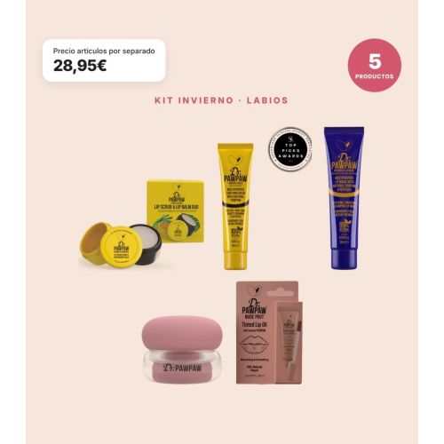 Dr. PAWPAW - Kit Pacco Invernale Labbra 5 Prodotti | Dúo Esfoliante Scrub & Nourish, Balsamo Original Clear, Maschera Overnight, Cloud Balm e Tinta Labiale Nutriente