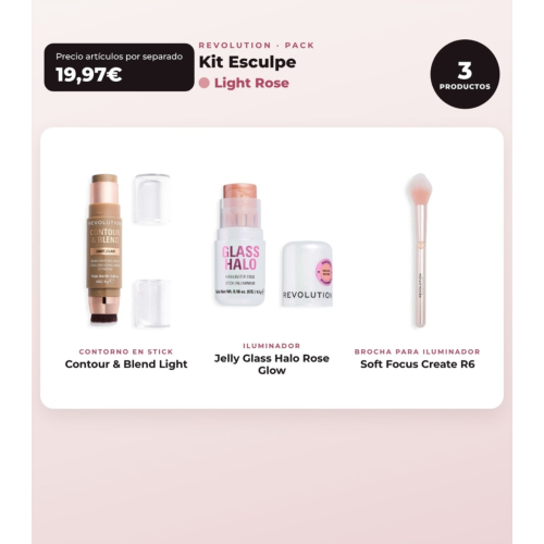 Makeup Revolution - Set di Contorno in stick Reloaded Contour & Blend - Light + Illuminatore Jelly Glass Halo - Rose Glow + Pennello per illuminatore Soft Focus Create - R6