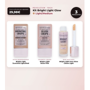 Makeup Revolution - Set di gocce abbronzanti Bright Light - Scorched Light/ Med + Blush liquido Bright Light - Rosie Pink + Base multiuso Bright Light Face Glow - Gleam Light