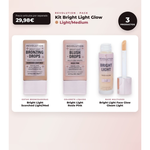 Makeup Revolution - Set di gocce abbronzanti Bright Light - Scorched Light/ Med + Blush liquido Bright Light - Rosie Pink + Base multiuso Bright Light Face Glow - Gleam Light