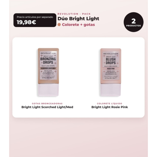 Makeup Revolution - Set di gocce abbronzanti Bright Light - Scorched Light/ Med + Blush liquido Bright Light - Rosie Pink