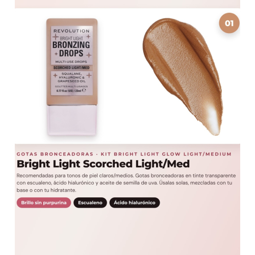 Makeup Revolution - Set di gocce abbronzanti Bright Light - Scorched Light/ Med + Blush liquido Bright Light - Rosie Pink + Base multiuso Bright Light Face Glow - Gleam Light