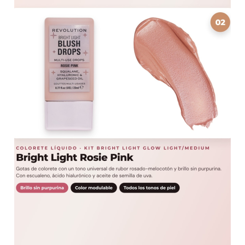 Makeup Revolution - Set di gocce abbronzanti Bright Light - Scorched Light/ Med + Blush liquido Bright Light - Rosie Pink + Base multiuso Bright Light Face Glow - Gleam Light