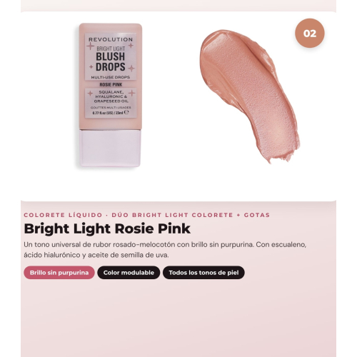 Makeup Revolution - Set di gocce abbronzanti Bright Light - Scorched Light/ Med + Blush liquido Bright Light - Rosie Pink