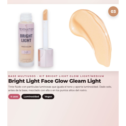 Makeup Revolution - Set di gocce abbronzanti Bright Light - Scorched Light/ Med + Blush liquido Bright Light - Rosie Pink + Base multiuso Bright Light Face Glow - Gleam Light