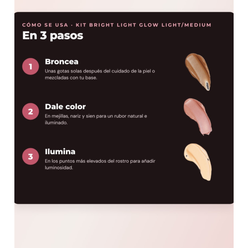 Makeup Revolution - Set di gocce abbronzanti Bright Light - Scorched Light/ Med + Blush liquido Bright Light - Rosie Pink + Base multiuso Bright Light Face Glow - Gleam Light
