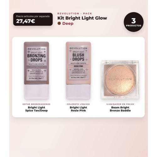 Makeup Revolution - Set di gocce abbronzanti Bright Light - Spice Tan/Deep + Blush liquido Bright Light - Rosie Pink + Illuminante in polvere Beam Bright - Bronze Baddie