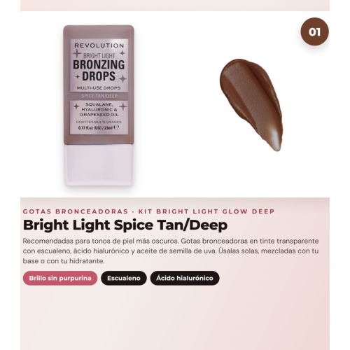 Makeup Revolution - Set di gocce abbronzanti Bright Light - Spice Tan/Deep + Blush liquido Bright Light - Rosie Pink + Illuminante in polvere Beam Bright - Bronze Baddie