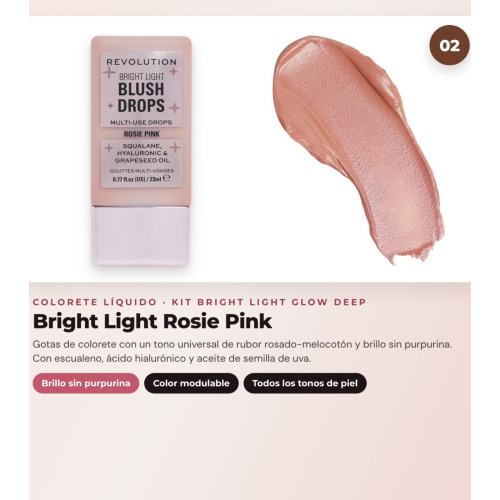 Makeup Revolution - Set di gocce abbronzanti Bright Light - Spice Tan/Deep + Blush liquido Bright Light - Rosie Pink + Illuminante in polvere Beam Bright - Bronze Baddie