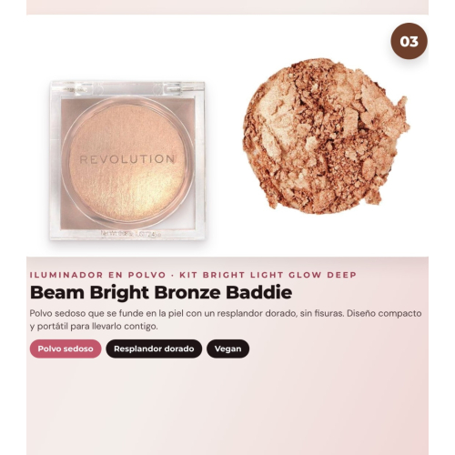 Makeup Revolution - Set di gocce abbronzanti Bright Light - Spice Tan/Deep + Blush liquido Bright Light - Rosie Pink + Illuminante in polvere Beam Bright - Bronze Baddie