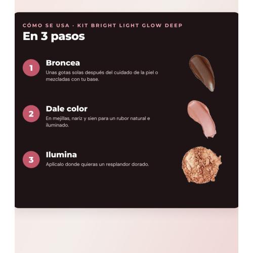 Makeup Revolution - Set di gocce abbronzanti Bright Light - Spice Tan/Deep + Blush liquido Bright Light - Rosie Pink + Illuminante in polvere Beam Bright - Bronze Baddie