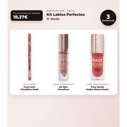Makeup Revolution - Set di Profilo Labbra Pout Liner - Chauffeur Nude + Rossetto liquido opaco Air Blur - Chauffeur + Lucidalabbra volumizzante Pout Bomb - Melba Warm Peach