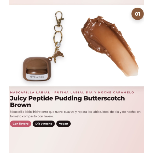 Makeup Revolution - Set di Maschera labiale Juicy Peptide Pudding - Butterscotch Brown + Balsamo labiale Juicy Peptide - Latte + Olio per labbra Glaze Oil - Lust Clear
