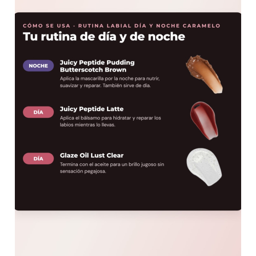 Makeup Revolution - Set di Maschera labiale Juicy Peptide Pudding - Butterscotch Brown + Balsamo labiale Juicy Peptide - Latte + Olio per labbra Glaze Oil - Lust Clear
