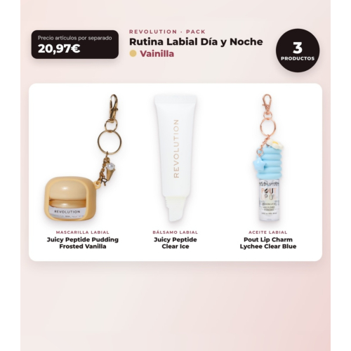 Makeup Revolution - Set di Maschera labiale Juicy Peptide Pudding - Frosted Vanilla + Balsamo labiale Juicy Peptide - Clear Ice + Olio labiale Pout Lip Charm - Lychee Clear Blue