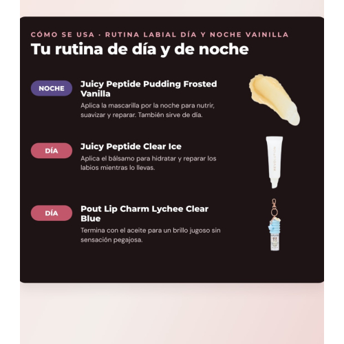 Makeup Revolution - Set di Maschera labiale Juicy Peptide Pudding - Frosted Vanilla + Balsamo labiale Juicy Peptide - Clear Ice + Olio labiale Pout Lip Charm - Lychee Clear Blue