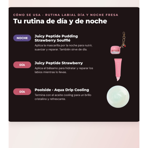 Makeup Revolution - Set di Maschera labiale Juicy Peptide Pudding - Strawberry Soufflé + Balsamo labiale Juicy Peptide - Strawberry + Olio labiale Aqua Drip Cooling
