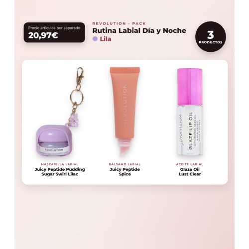 Makeup Revolution - Set di Maschera labiale Juicy Peptide Pudding - Sugar Swirl Lilac + Balsamo labiale Juicy Peptide - Spice + Olio per labbra Glaze Oil - Lust Clear