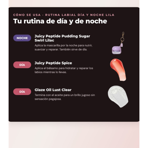 Makeup Revolution - Set di Maschera labiale Juicy Peptide Pudding - Sugar Swirl Lilac + Balsamo labiale Juicy Peptide - Spice + Olio per labbra Glaze Oil - Lust Clear