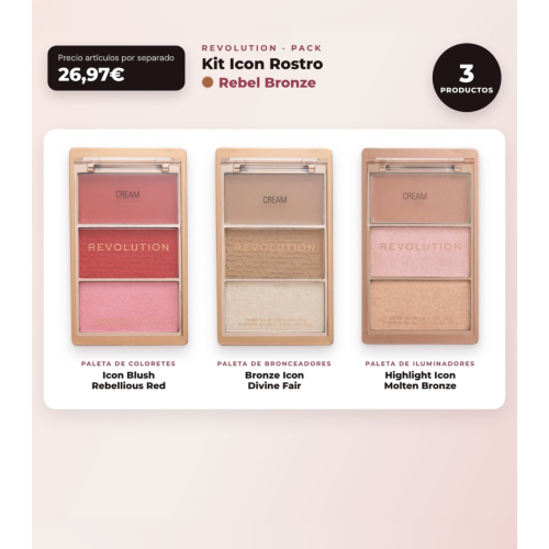 Makeup Revolution - Set di Palette di fard Icon Blush - Rebellious Red + Palette di bronzer Bronze Icon - Divine Fair + Palette di illuminatori Highlight Icon - Molten Bronze