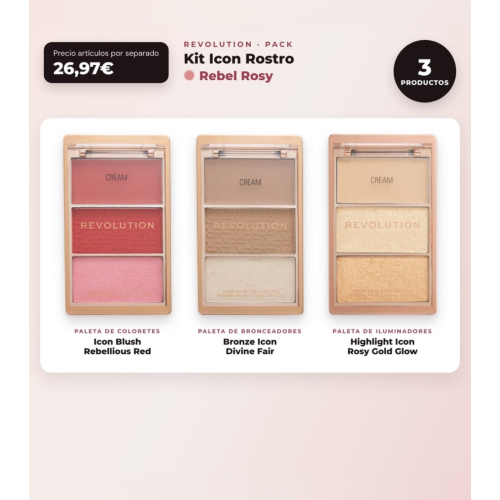 Makeup Revolution - Set di Palette di fard Icon Blush - Rebellious Red + Palette di bronzer Bronze Icon - Divine Fair + Palette di illuminatori Highlight Icon - Rosy Gold Glow