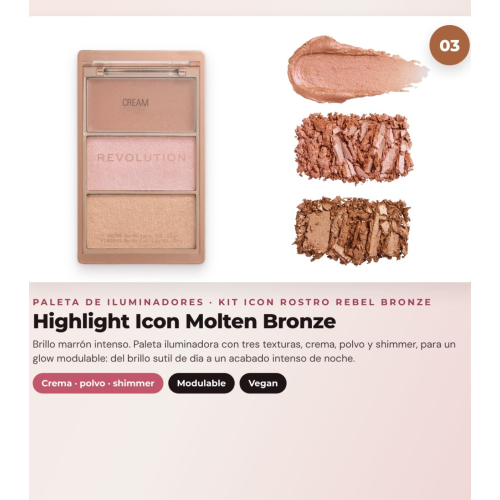 Makeup Revolution - Set di Palette di fard Icon Blush - Rebellious Red + Palette di bronzer Bronze Icon - Divine Fair + Palette di illuminatori Highlight Icon - Molten Bronze