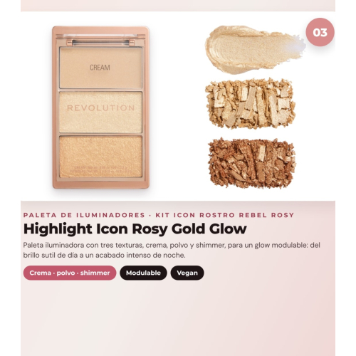 Makeup Revolution - Set di Palette di fard Icon Blush - Rebellious Red + Palette di bronzer Bronze Icon - Divine Fair + Palette di illuminatori Highlight Icon - Rosy Gold Glow
