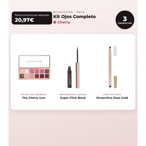 Makeup Revolution - Set di palette di ombretti The Cherry Icon + Delineatore occhi liquido Super Flick - Black + Delineatore occhi Streamline Waterline Eyeliner Pencil - Rose Gold