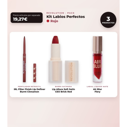 Makeup Revolution - Set di Profilo Labbra IRL Filter Finish Lip Definer - Burnt Cinnamon + Rossetto satinato Lip Allure Soft Satin + Rossetto liquido opaco Air Blur - Fiery