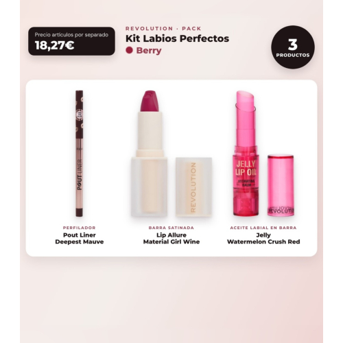 Makeup Revolution - Set di Profilo Labbra Pout Liner - Deepest Mauve + Rossetto satinato Lip Allure - Material Girl Wine + Olio labiale in stick Jelly - Watermelon Crush Red