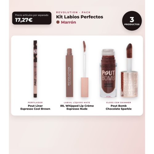 Makeup Revolution - Set di Profilatori di labbra Pout Liner - Espresso Cool Brown + Rossetto liquido IRL Whipped Lip Crème - Espresso Nude + Lucidalabbra con Shimmer Pout Bomb - Chocolate Sparkle