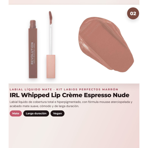 Makeup Revolution - Set di Profilatori di labbra Pout Liner - Espresso Cool Brown + Rossetto liquido IRL Whipped Lip Crème - Espresso Nude + Lucidalabbra con Shimmer Pout Bomb - Chocolate Sparkle