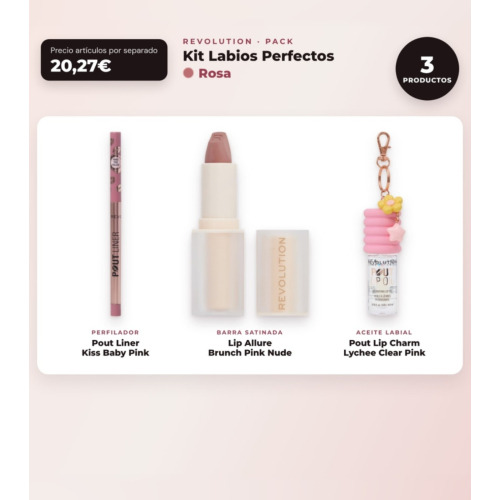 Makeup Revolution - Set di Profilatori per labbra Pout Liner - Kiss Baby Pink + Rossetto satinato Lip Allure - Brunch Pink Nude + Olio per labbra Pout Lip Charm - Lychee Clear Pink