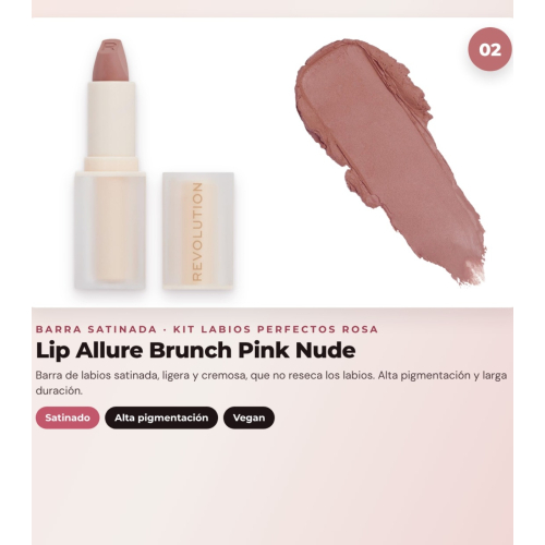 Makeup Revolution - Set di Profilatori per labbra Pout Liner - Kiss Baby Pink + Rossetto satinato Lip Allure - Brunch Pink Nude + Olio per labbra Pout Lip Charm - Lychee Clear Pink