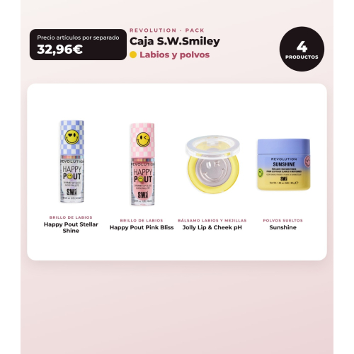 Makeup Revolution - Set *S.W.Smiley* - Brillo di labbra Stellar Shine + Brillo di labbra Pink Bliss + Balsamo per labbra e guance pH + Polveri libere Sunshine