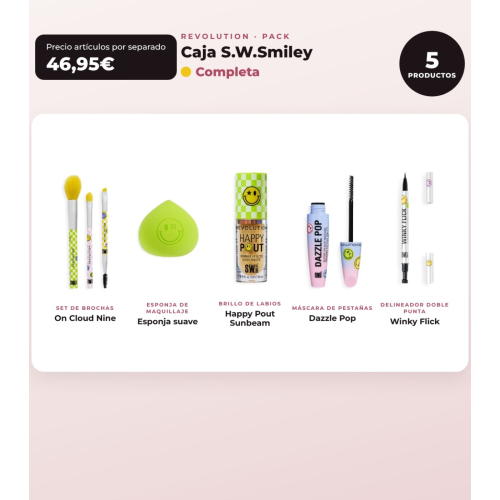 Makeup Revolution - Set *S.W.Smiley* - Pennelli On Cloud Nine + Spugna per trucco morbida + Lucidalabbra Happy Pout + Mascara Dazzle Pop + Eyeliner Winky Flick Double-Ended